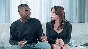 Latin brunette with big milk jugs and a horny, black man are about to fuck